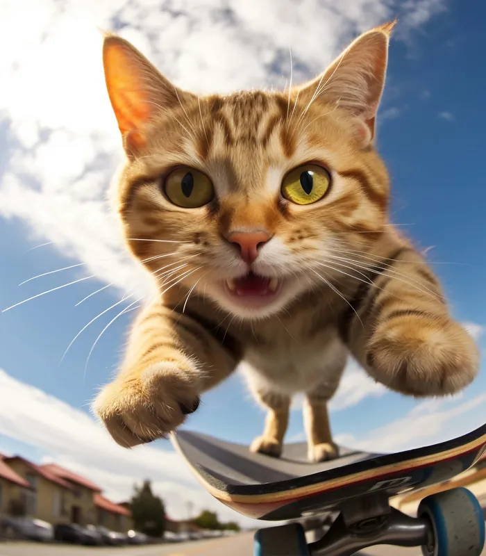 Gato laranja andando de skate na rua