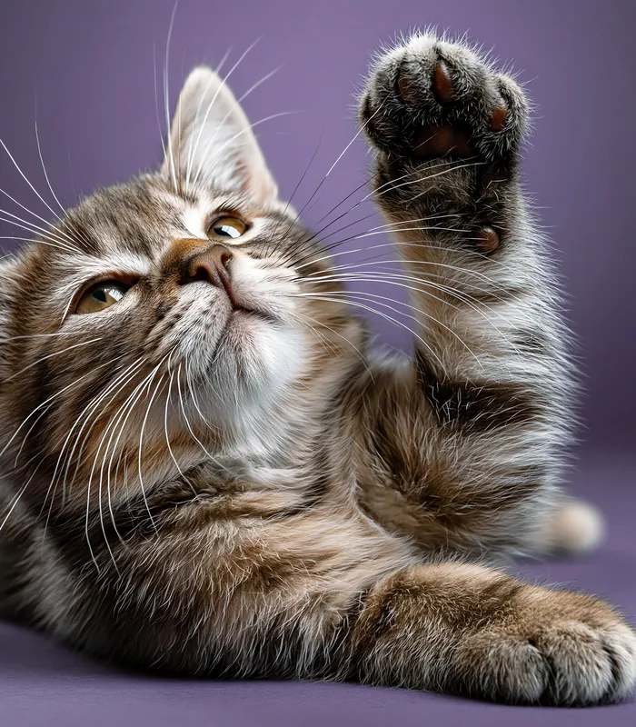 Gatinho malhado acenando com a pata em fundo roxo