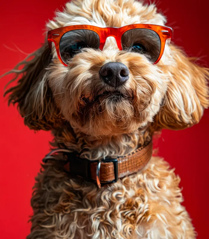 Cachorro peludo de óculos de sol vermelhos em fundo vermelho
