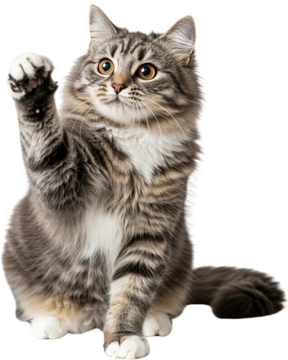 Gato rajado cinza com a patinha levantada, como se pedisse um petisco